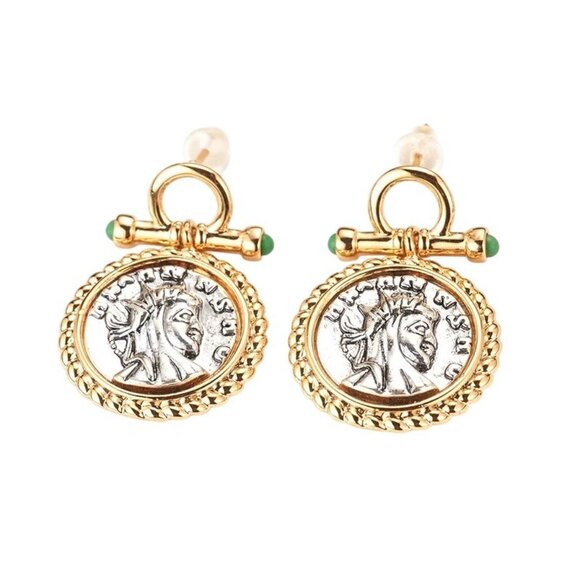 Vintage Style Ancient Coin Earrings Pierced Silver Gold Tone Chandelier New - Picture 1 of 6